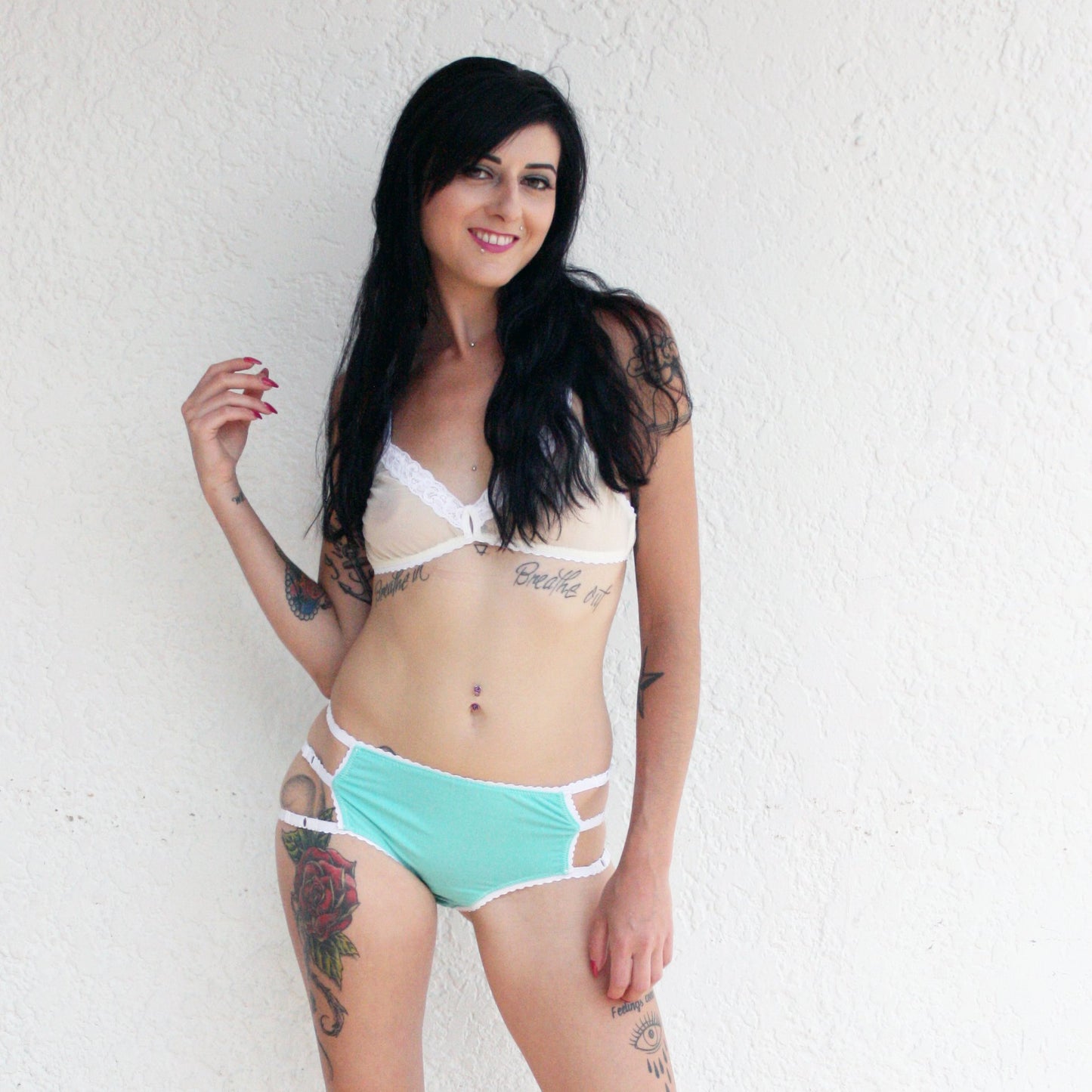 Cage Panties. Bamboo blend. Mid Rise. Seafoam/White