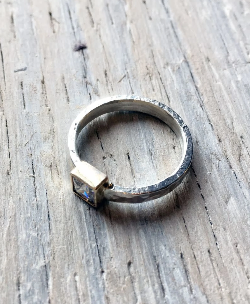 Northern Star Ring. Square Cubic Zirconia in 14K Yellow Gold Setting. Solid Silver hammered band. Size 6.5